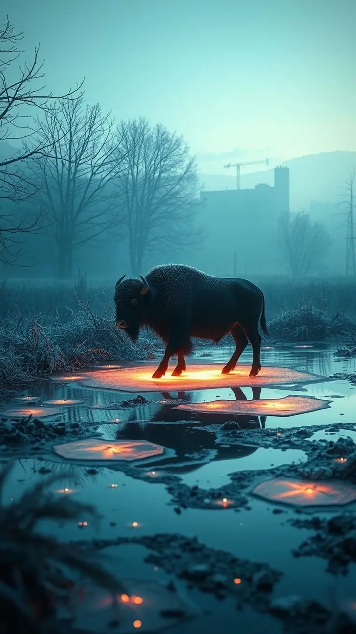 Buffalo dancing in glowing puddles in a frost-covered rural hollow with cyberpunk lighting.