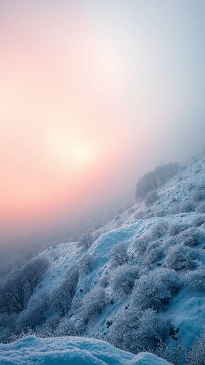 Blogger with camera in foggy, frost-covered rural hollow with cyberpunk glow.