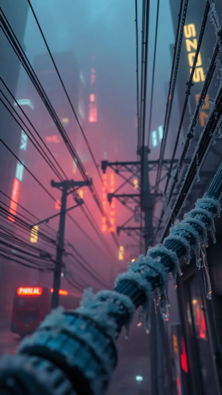 Cyberpunk city scene with icy power lines and smoky reflections.