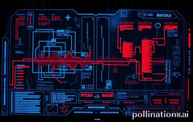 Glitching cyberpunk HUD with data streams and static.