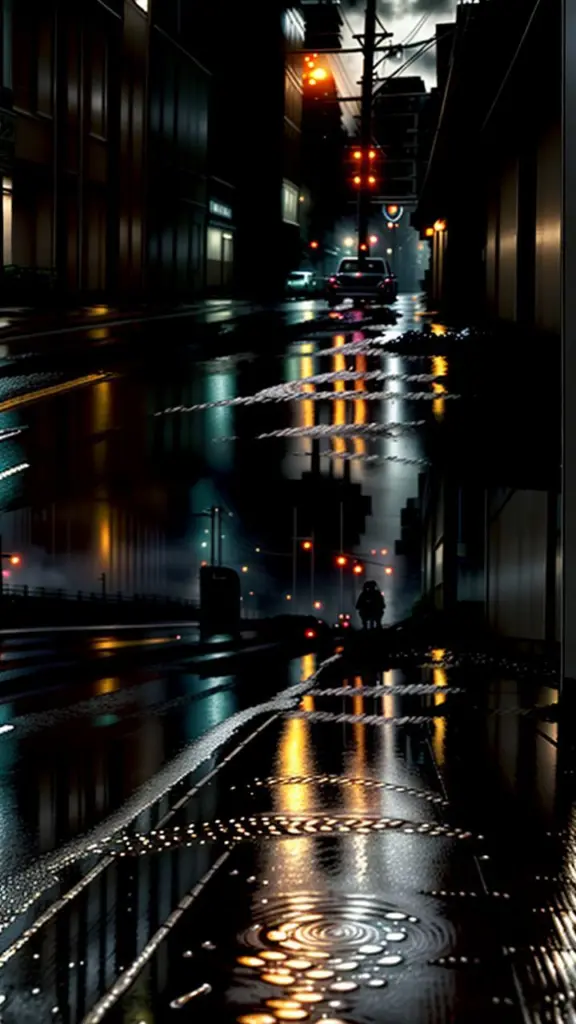 Rainy street at night with harvest moon and abandoned wallet, hurricane in background, synthwave colors.