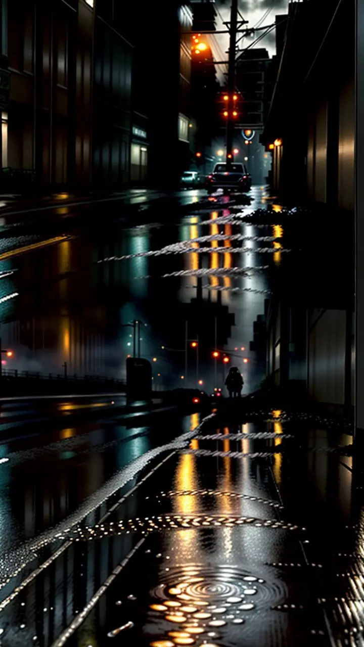 Rainy street at night with harvest moon and abandoned wallet, hurricane in background, synthwave colors.