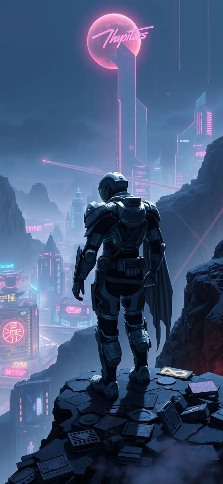 Man in cyberpunk armor overlooking a neon city.