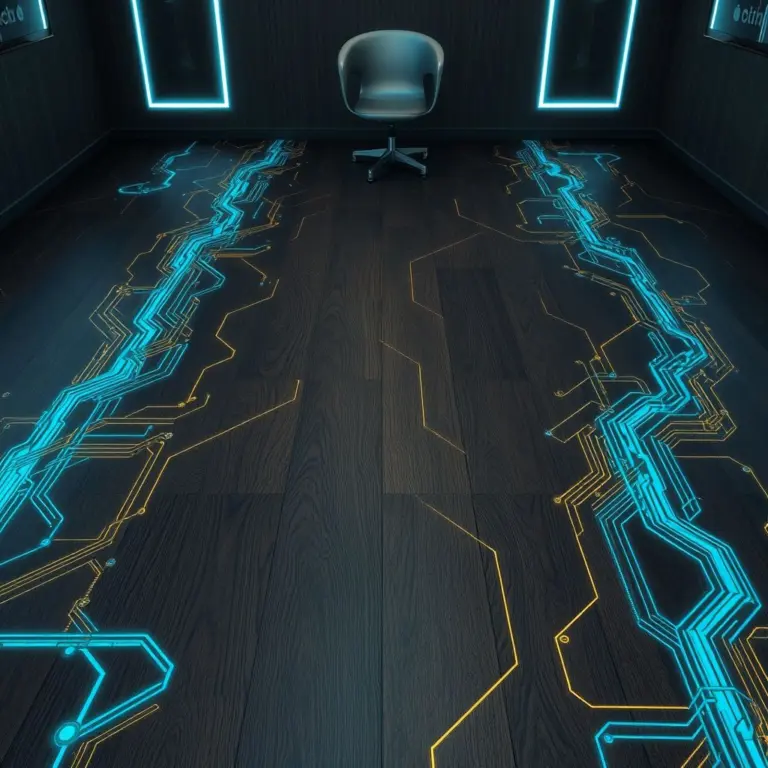 Cyberpunk room with wood floor and circuit traces, futuristic chair.