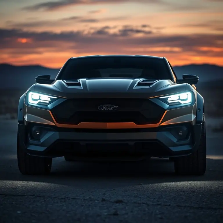Futuristic Ford Mustang Raptor with white headlights in a twilight landscape.