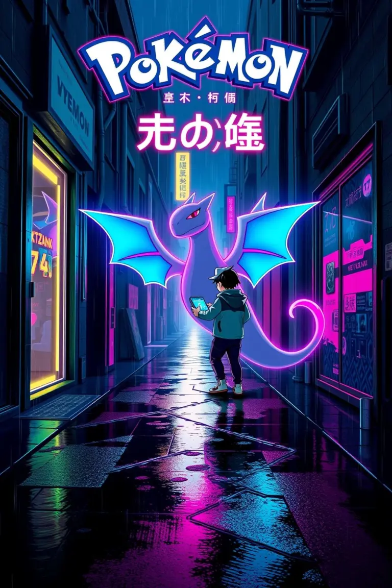 Cyberpunk book cover with boy trainer and glowing Charizard in neon Wyndon alley.