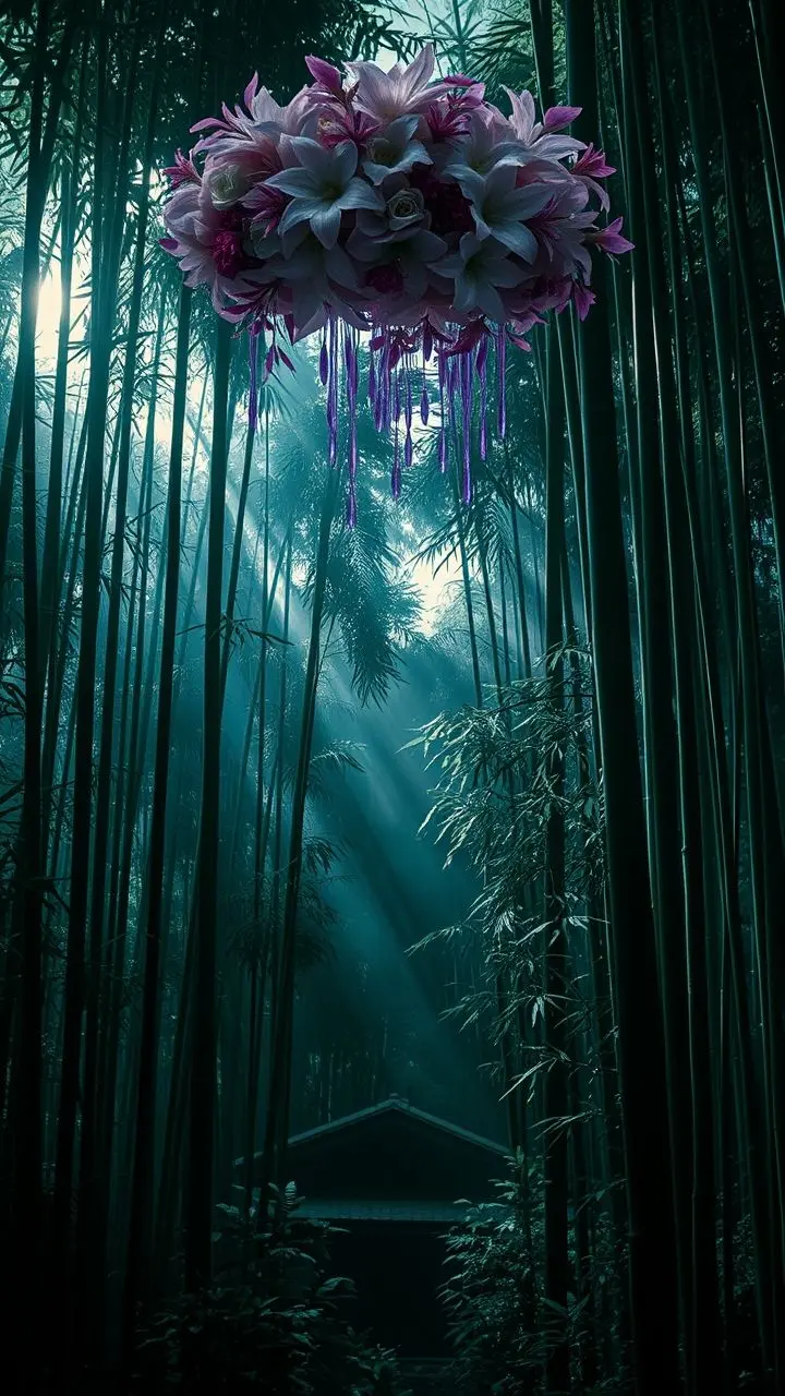 Monochrome bamboo forest with neon light beams and a floral arrangement.