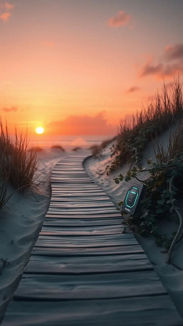 Wooden path on a beach at sunset with cybernetic elements.
