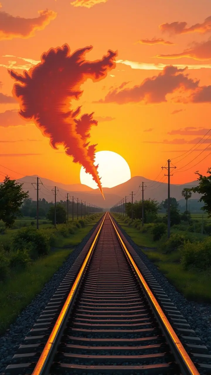 Rural railway at sunset with glitching sky and cyberpunk patterns.