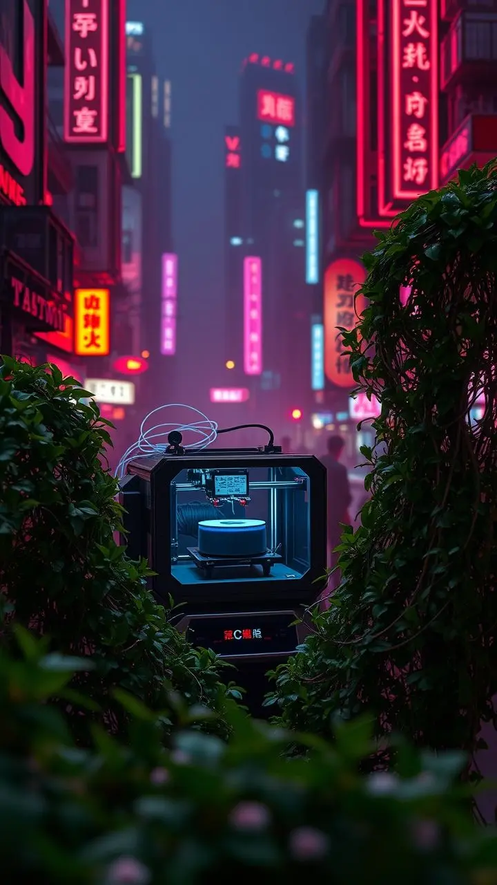 Futuristic 3D printer working under neon lights during a tsunami warning night, with vines and weights.