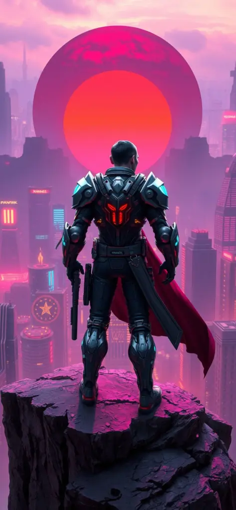 Cyberpunk warrior on a cliff overlooking a neon city.