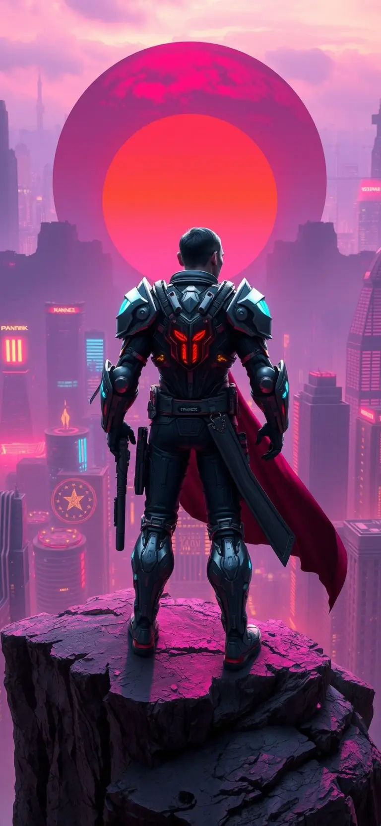 Cyberpunk warrior on a cliff overlooking a neon city.