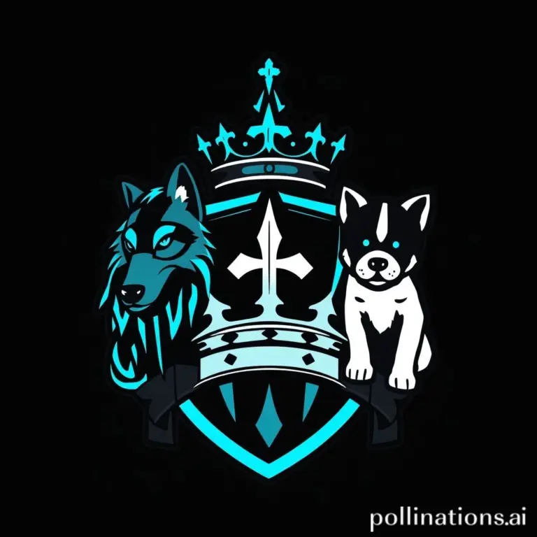 Cyberpunk family crest with wolf, puppy, and crown.