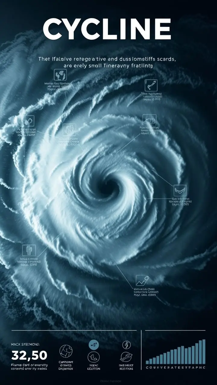 Aerial view of a cyclone as a broadcast graphic, showing its eye, energy patterns, and infographic elements.