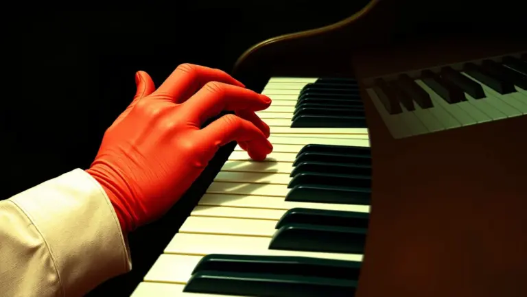 Surrealist painting of gloved hands playing a piano.