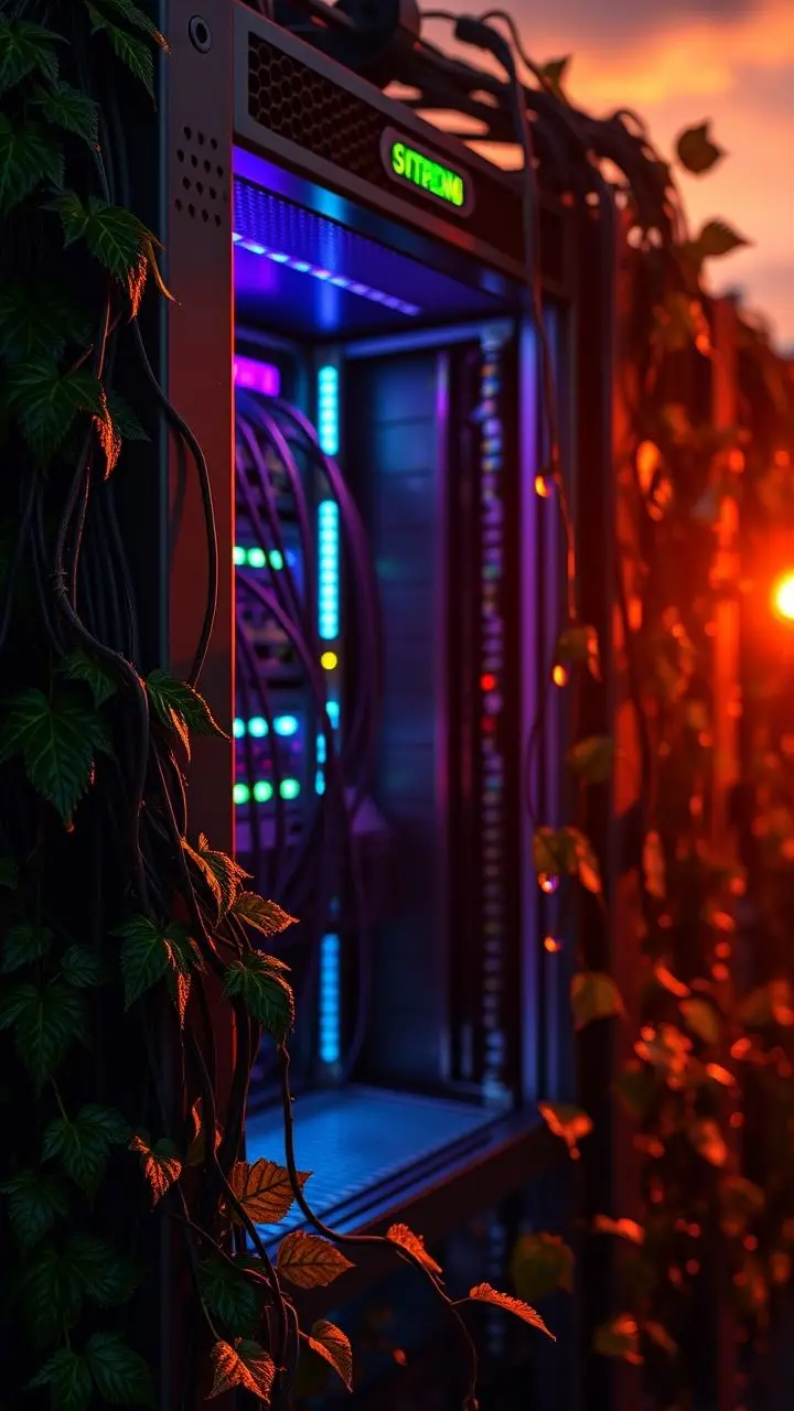 Hyperrealistic technical drawing of a server rack with colorful internal lighting and vines at sunset.
