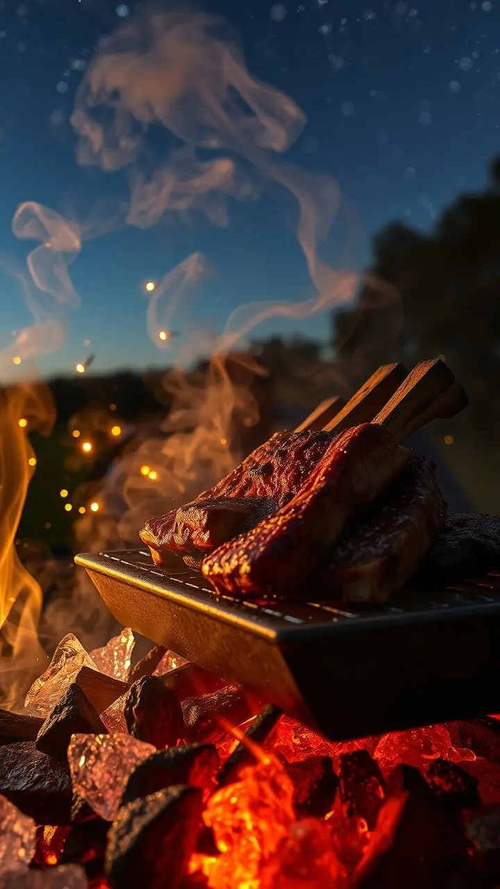 Smoky barbecue ribs with crystals and fireflies under a starry dawn sky.