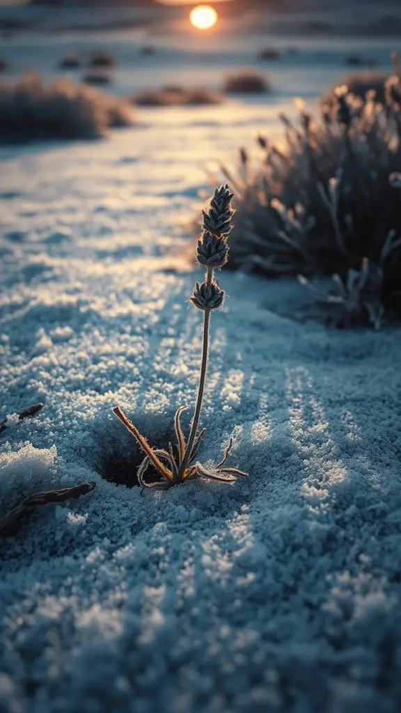 Lavender sprig in frosty landscape at dawn.