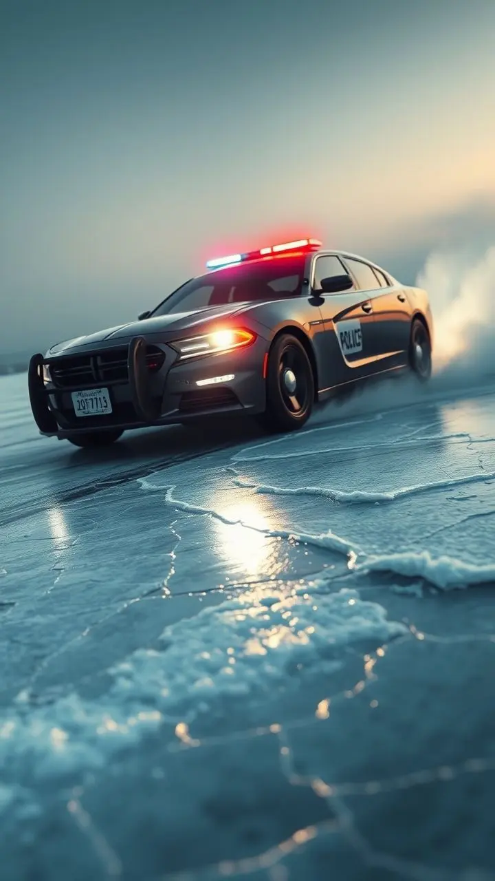 Sleek police cruiser with flashing lights speeding on a frozen coast at dawn, detailed ice cracks.