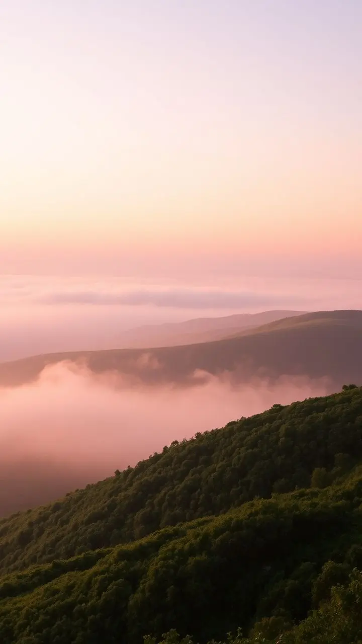 Peaceful landscape at dawn with rolling green hills and pastel sky.