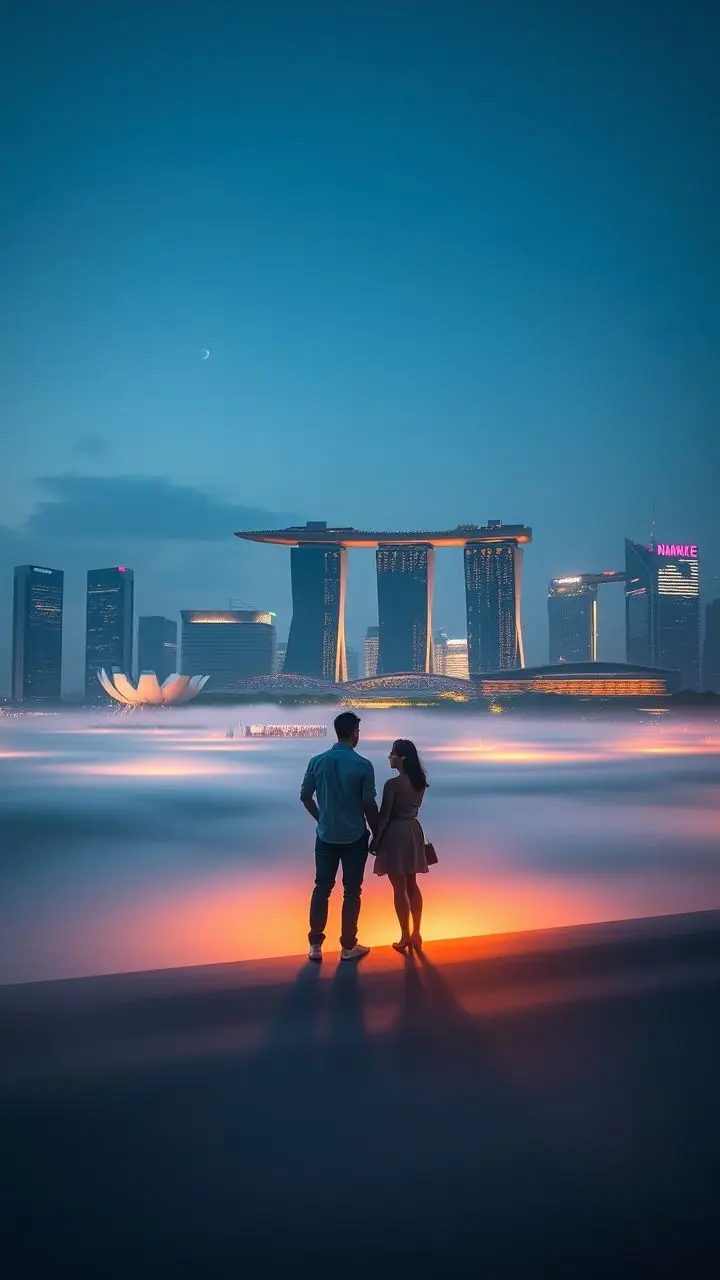 Interracial couple watching Marina Bay skyline at dawn with ground fog.