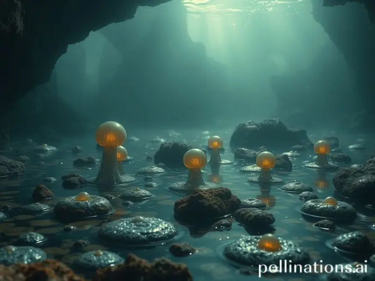 Primordial landscape with early life forms emerging from water.