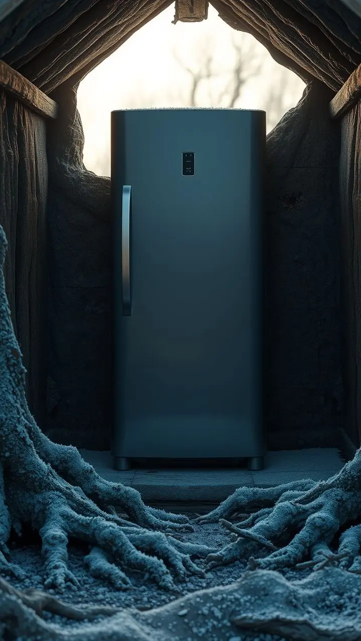 Modern refrigerator in a shelter at dawn with melting frost and old roots.