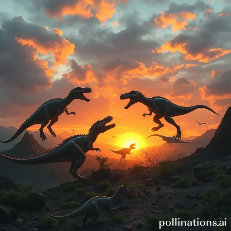 Dinosaurs fighting in a fiery volcanic landscape at sunrise.