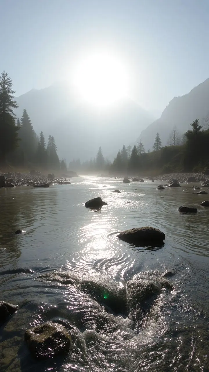 A clear mountain stream at dawn with sunlight and mist.