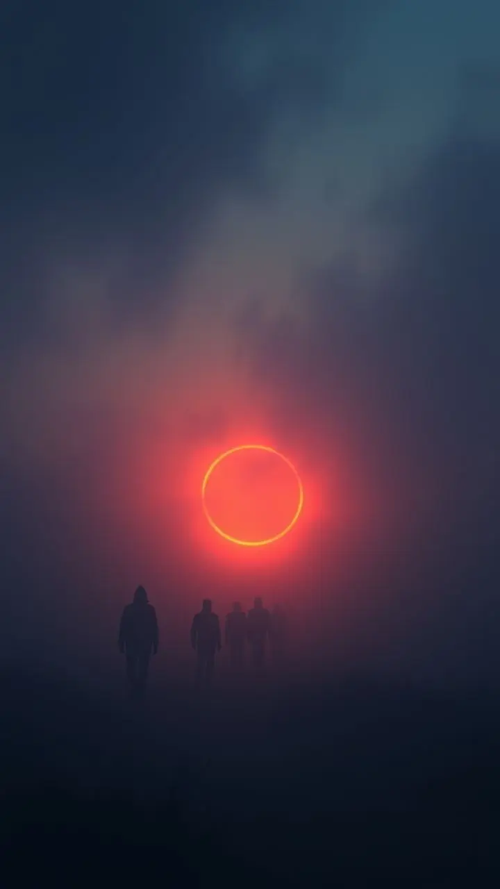 Luminous mood ring in foggy dawn landscape with shadowy figures and frost.