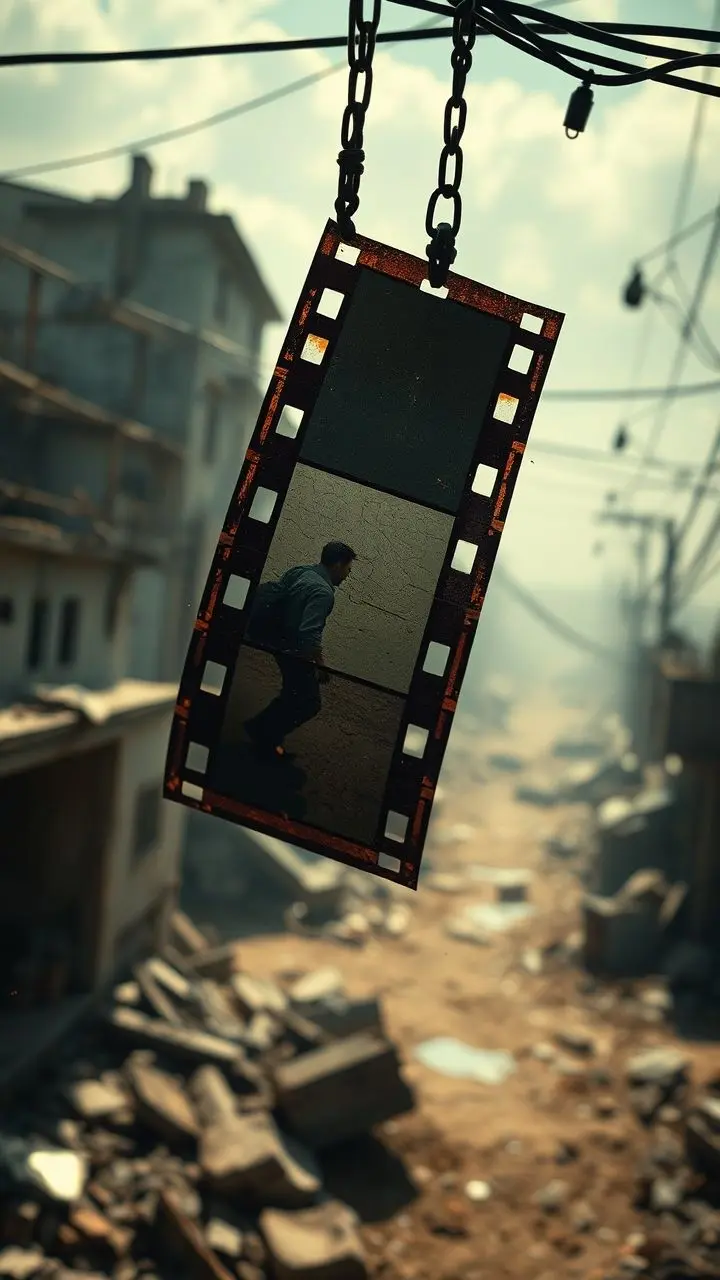 A tattered film strip flutters in a ruined city, showing disturbing imagery.