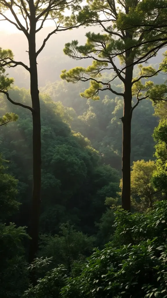 A sunlit forest with layers of green trees and foliage.