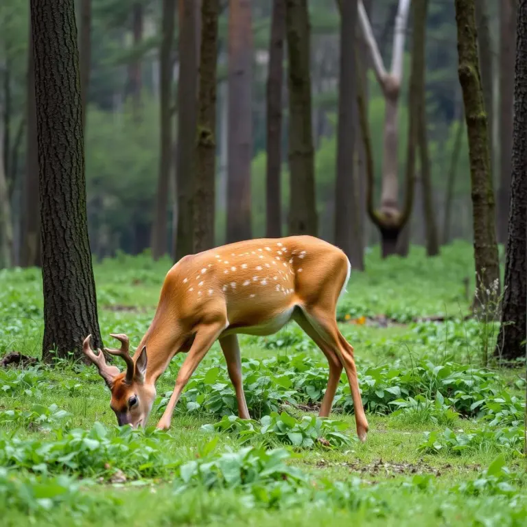 A deer grazing in a forest.
