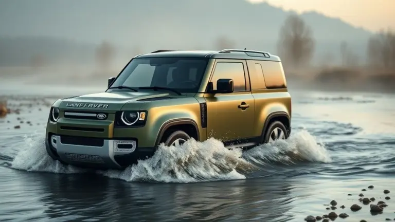 Matte olive green Land Rover Defender 110 splashing through a river in morning mist.
