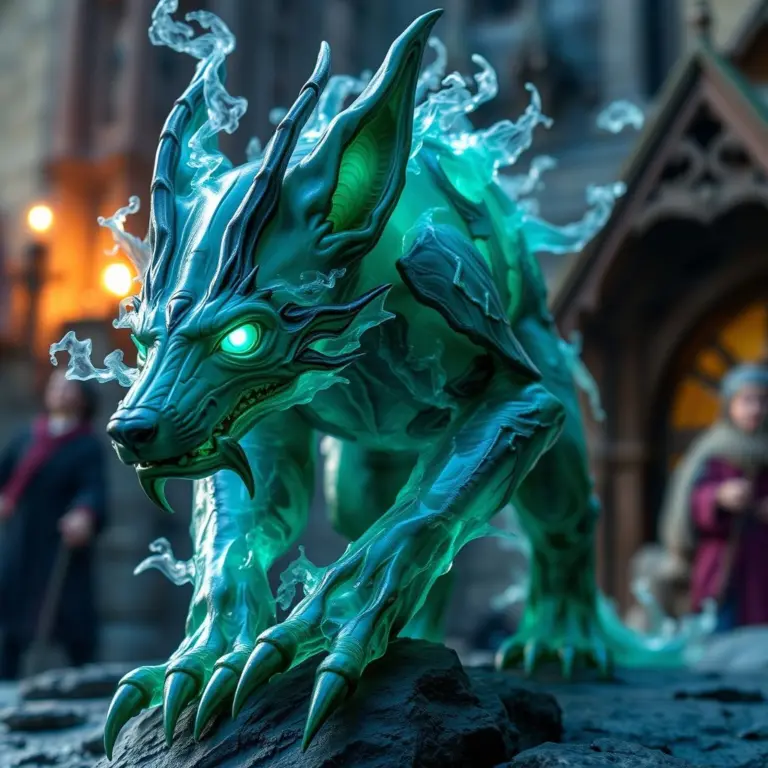 Obsidian wolf creature with sharp claws inside Hogwarts.