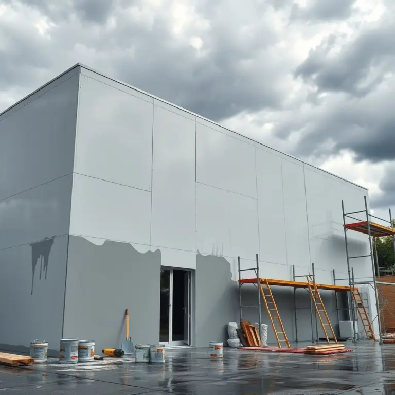 Construction site with a partially painted building in cloudy, rainy weather.
