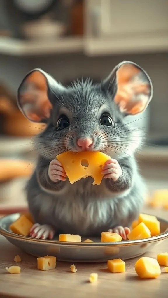 A cute gray mouse with sparkling eyes eating cheese.