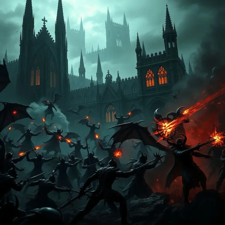 Dark fantasy battlefield with demons fighting near gothic cathedrals.