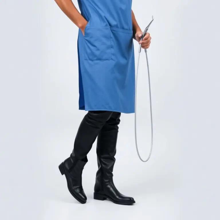 Dentist in blue bib and black boots holding dental tool