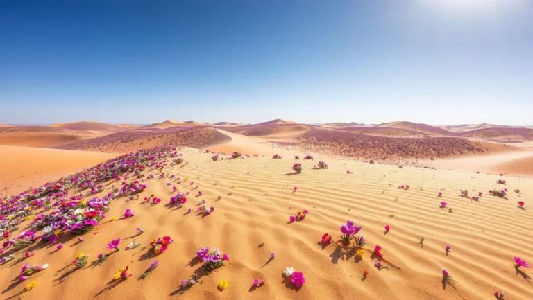 Sand dunes covered in colorful wildflowers under a clear sunny sky.
