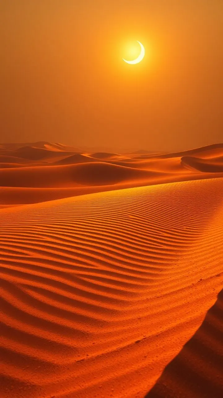 Desert dunes under a hot sun with a faint moon and heat haze.