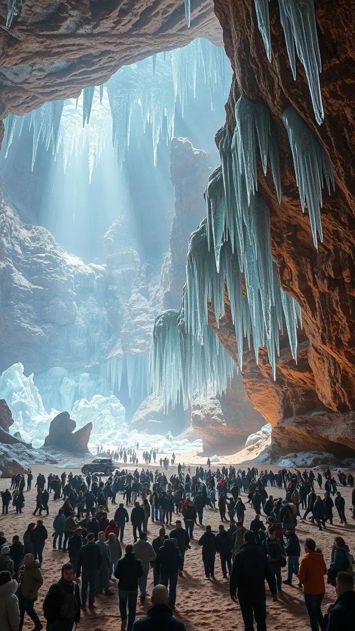 Vast desert with ice stalactites and light beams, populated by explorers.