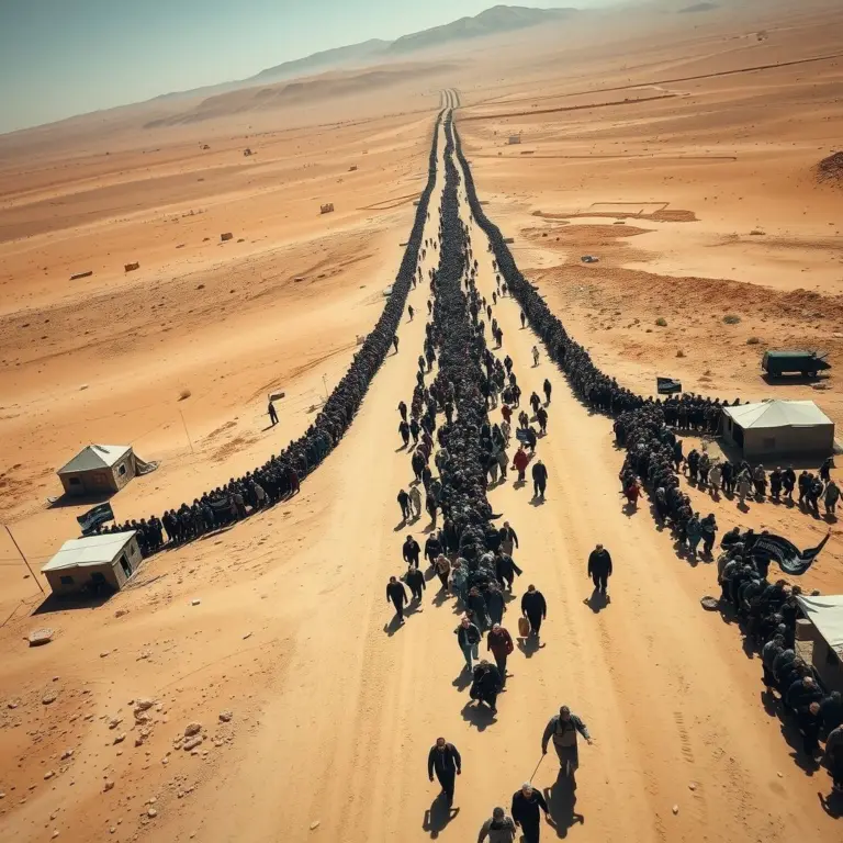 Aerial view of millions of people walking in a desert with black flags and shelters.