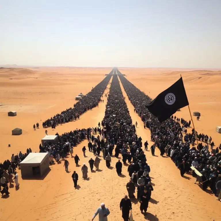 Aerial view of a long desert path with a vast procession of people and black flags, dotted with tents.