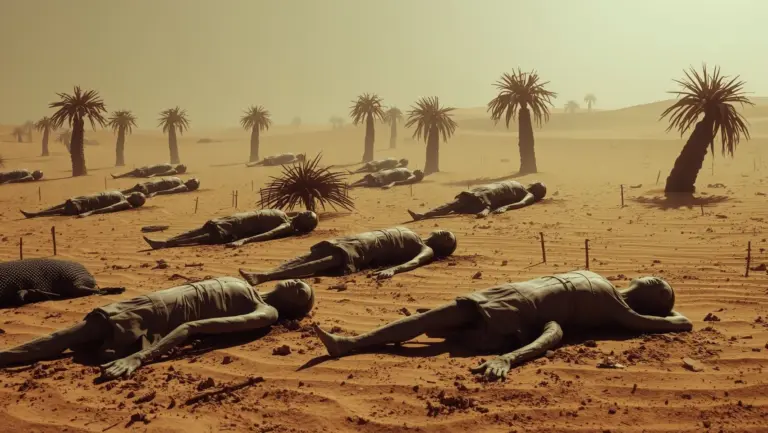 Desert landscape with broken, palm trunk-like figures.