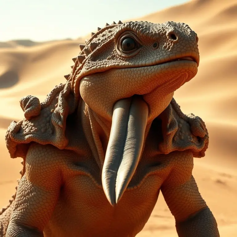 Close-up of a lizard-like creature with sandstone texture and black eyes in a desert.