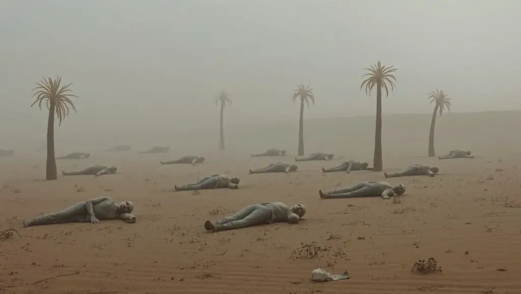 Lifeless desert landscape with broken body-like forms.