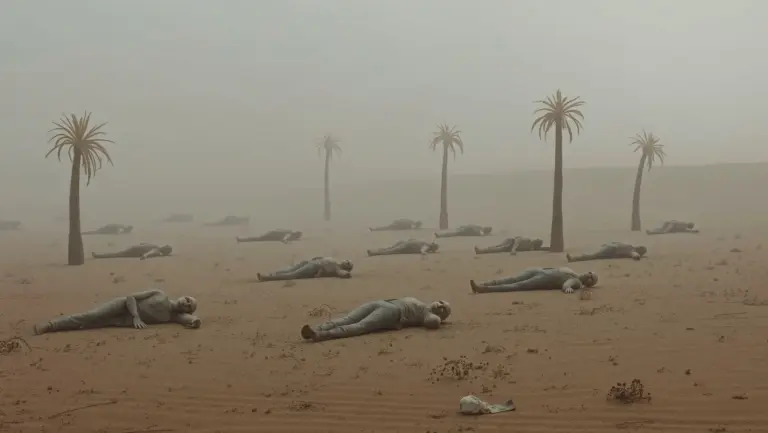 Lifeless desert landscape with broken body-like forms.