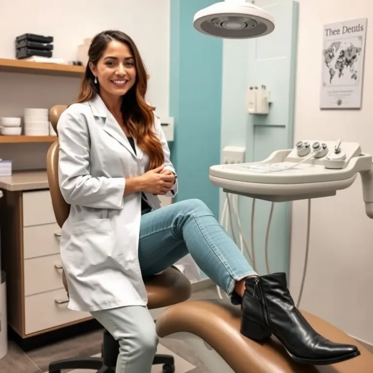 Desi dentist wearing black leather ankle boots