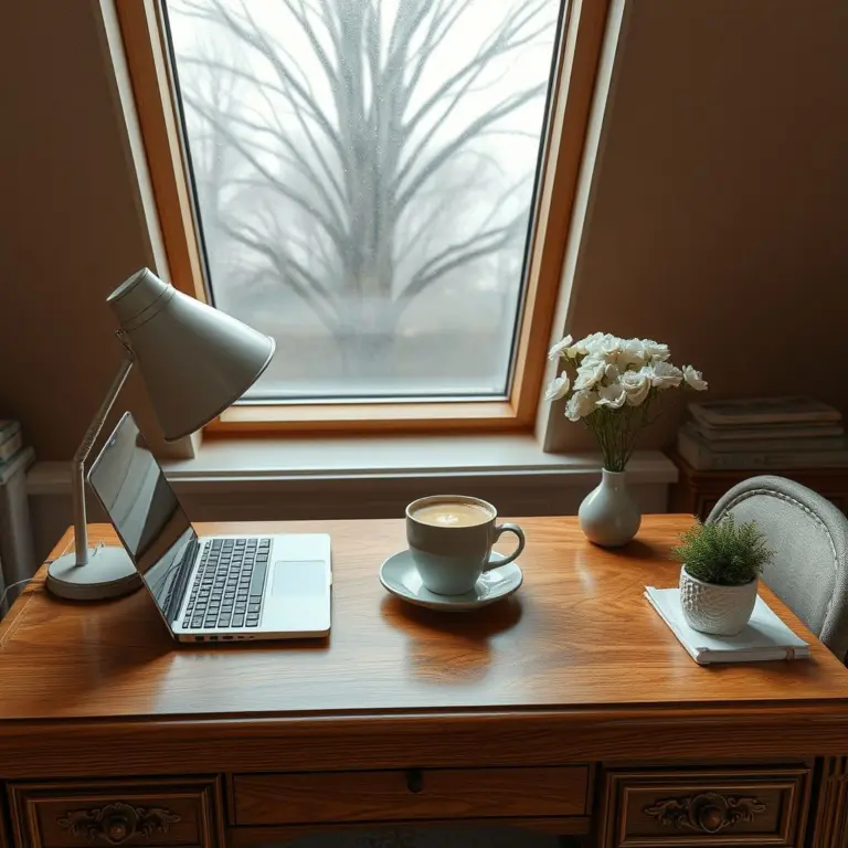 Wooden desk with laptop, coffee cup, pen, and notebook from above.